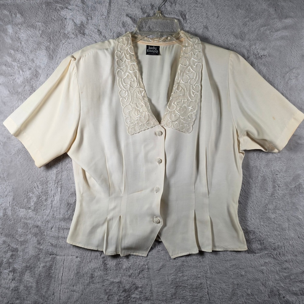 Judy Knapp Blouse Womens‎ Medium Cream Vintage Embroidered Pearl Button 80s